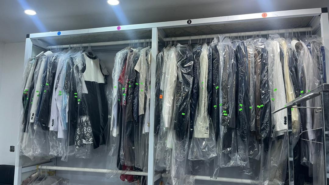 Clean garments hanging and ready
